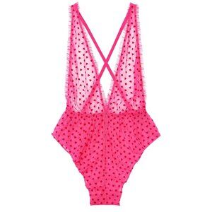 M Victoria Secret Lingerie HEARTS Tease Teddy Bodysuit 1 Piece Pink Mesh NWT
